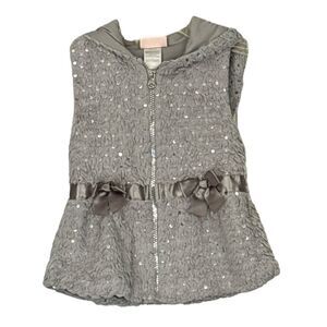 Little Lass | Grey Fleece Faux Fur Sequins Hooded Full Zip Vest